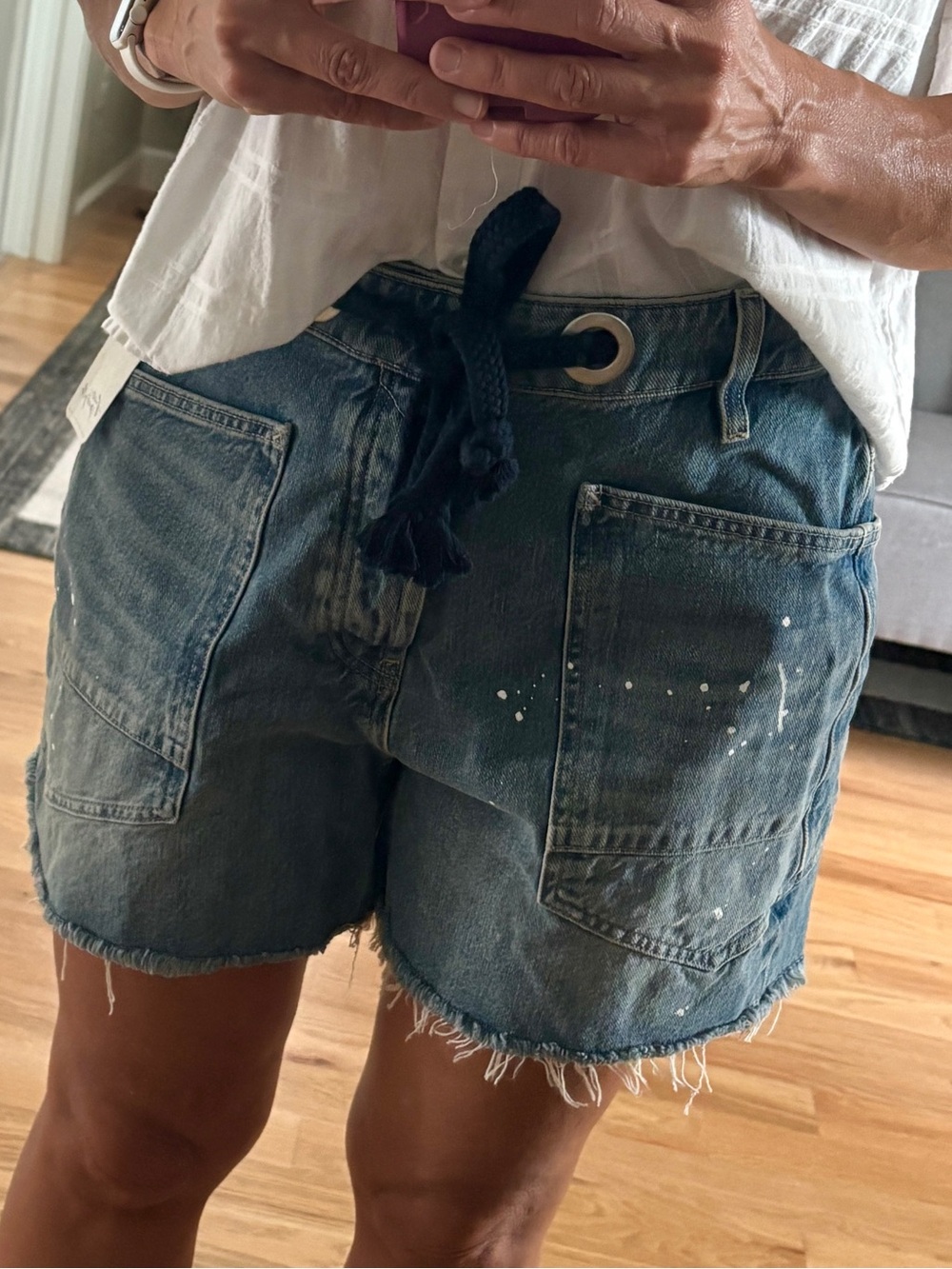 We The Free Blue Distressed Denim Shorts with Rope Drawcord - Picture 10 of 11
